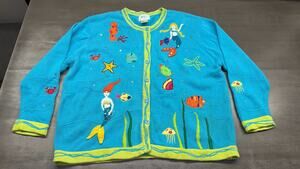 Vintage The Quacker Factory Button Up Sweater Mermaid Ocean Life Embroidery 2XL